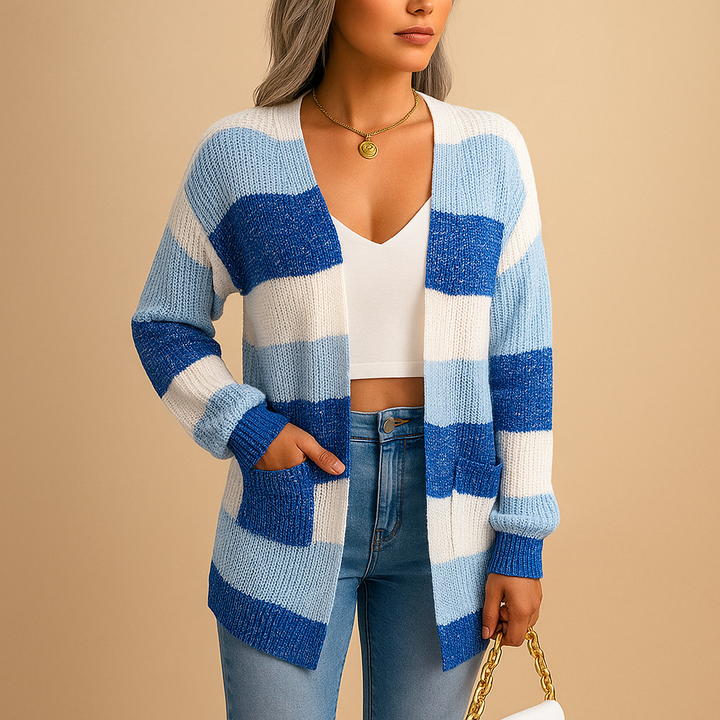 Gekarierte Damenstrickjacke mit Puffärmeln | Renée
