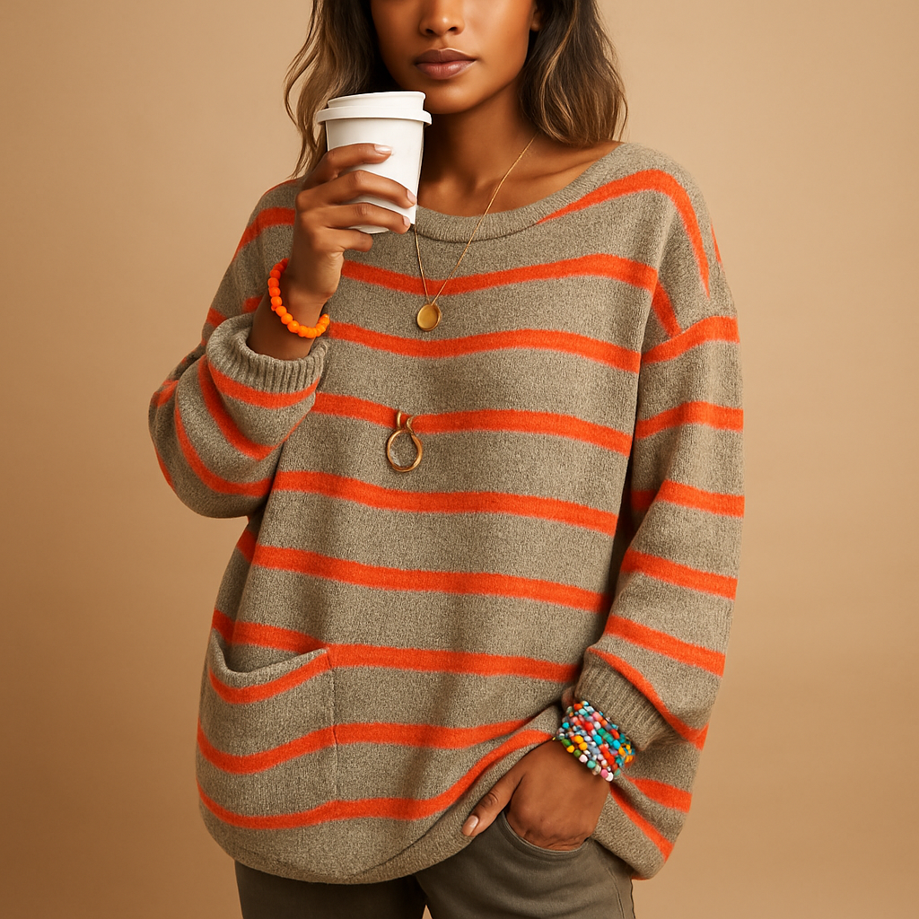 Gestreifter gestrickter Damenpullover mit Rundhalsausschnitt | Lotte