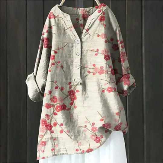 Damen Bluse mit Knöpfen – Leinenoptik mit V-Schlitz-Ausschnitt