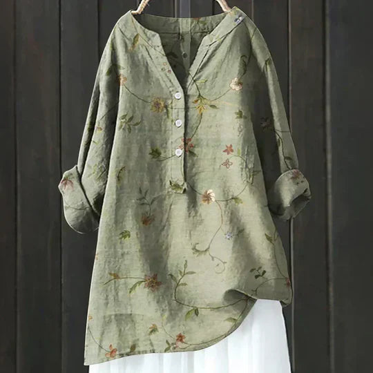 Damen Bluse mit Knöpfen – Leinenoptik mit V-Schlitz-Ausschnitt