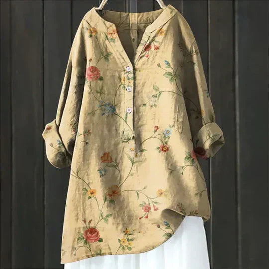 Damen Bluse mit Knöpfen – Leinenoptik mit V-Schlitz-Ausschnitt