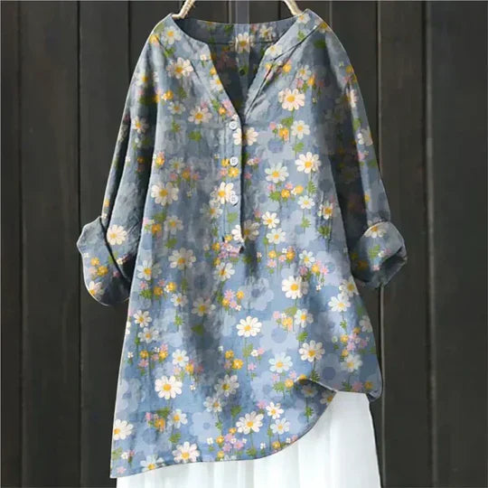 Damen Bluse mit Knöpfen – Leinenoptik mit V-Schlitz-Ausschnitt