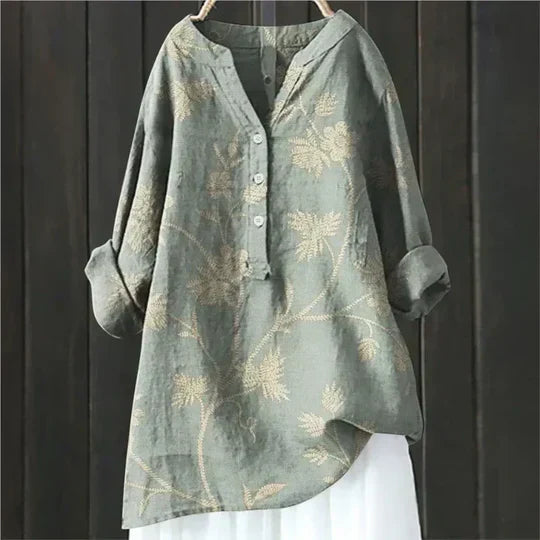 Damen Bluse mit Knöpfen – Leinenoptik mit V-Schlitz-Ausschnitt