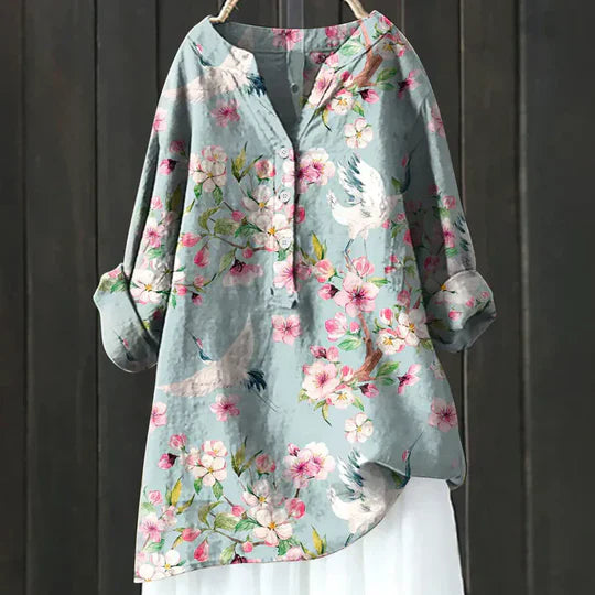 Damen Bluse mit Knöpfen – Leinenoptik mit V-Schlitz-Ausschnitt