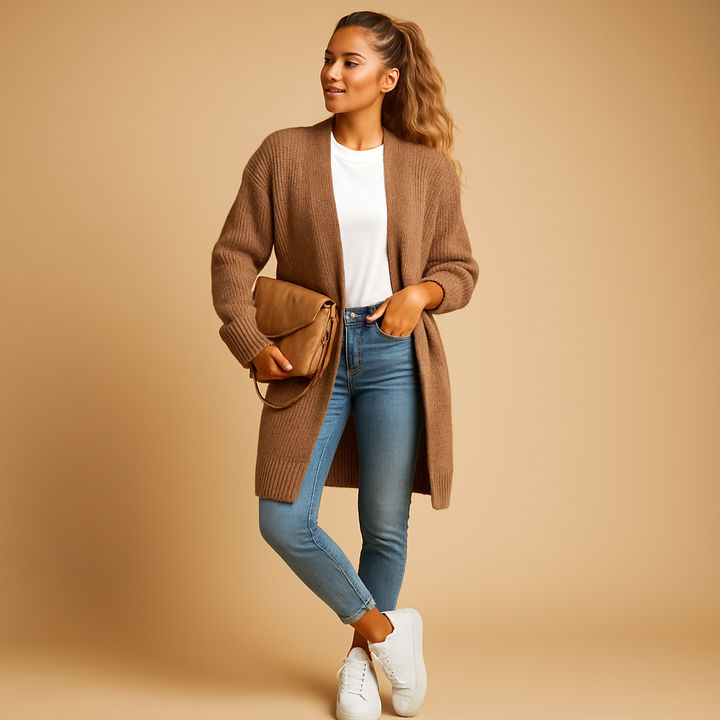 Klassische gestrickte Damenstrickjacke mit offener Vorderseite | Evelien