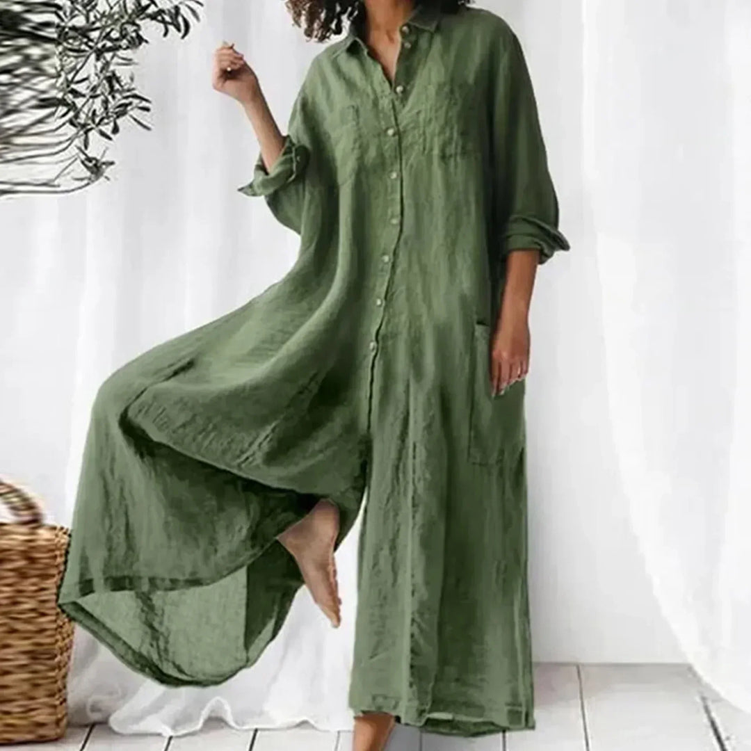 Langer Jumpsuit Damen – Gewebte Oberfläche mit Knopfleiste vorn und Taschen