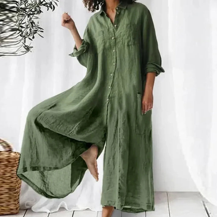 Langer Jumpsuit Damen – Gewebte Oberfläche mit Knopfleiste vorn und Taschen