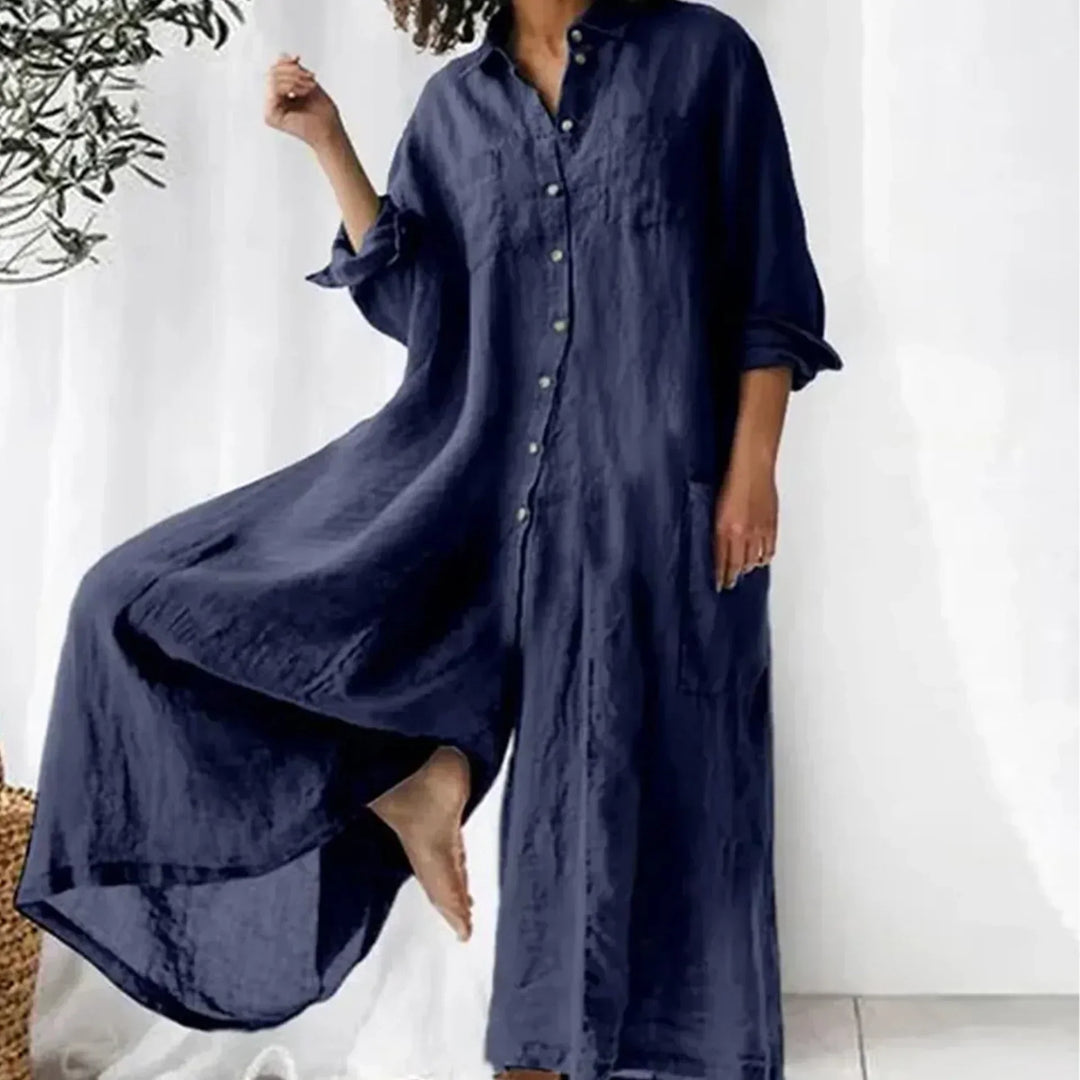 Langer Jumpsuit Damen – Gewebte Oberfläche mit Knopfleiste vorn und Taschen