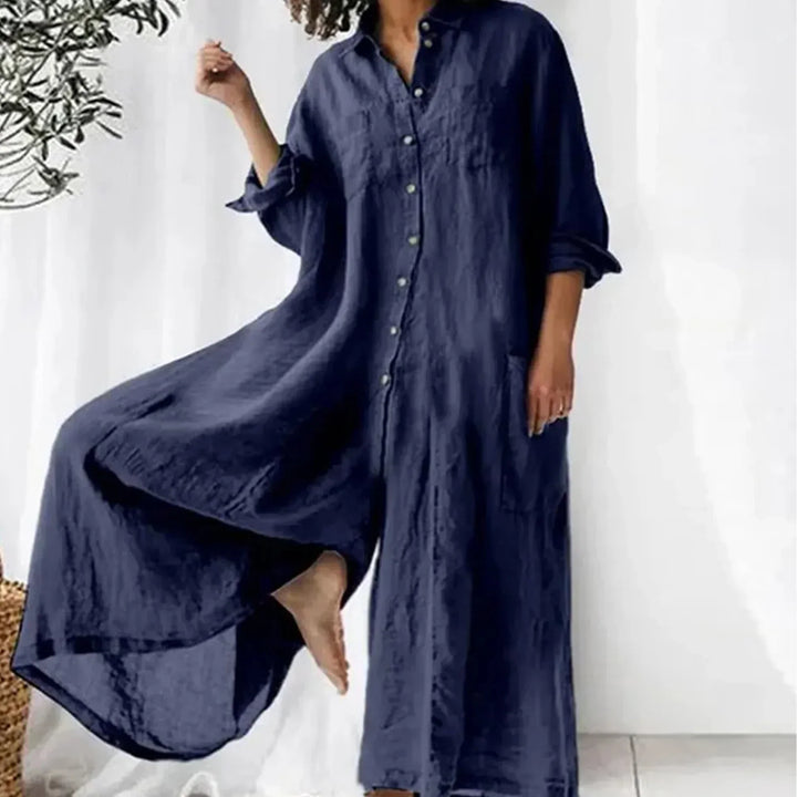 Langer Jumpsuit Damen – Gewebte Oberfläche mit Knopfleiste vorn und Taschen