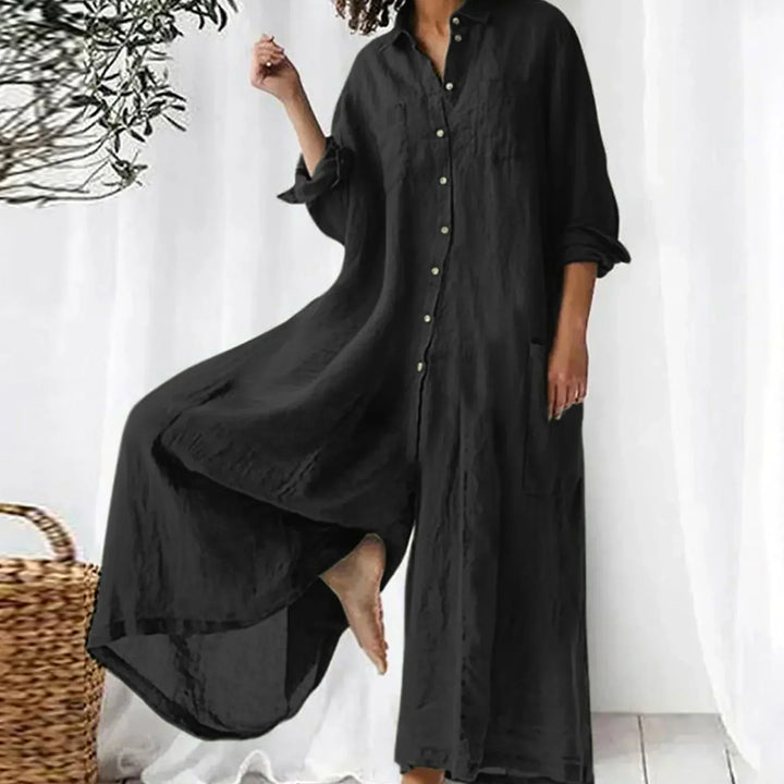 Langer Jumpsuit Damen – Gewebte Oberfläche mit Knopfleiste vorn und Taschen