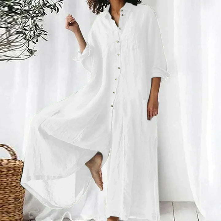 Langer Jumpsuit Damen – Gewebte Oberfläche mit Knopfleiste vorn und Taschen