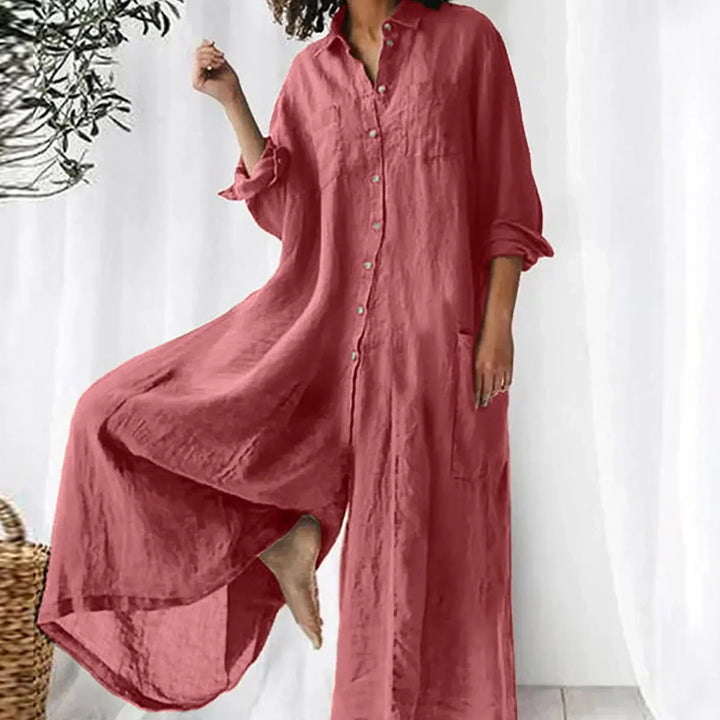 Langer Jumpsuit Damen – Gewebte Oberfläche mit Knopfleiste vorn und Taschen