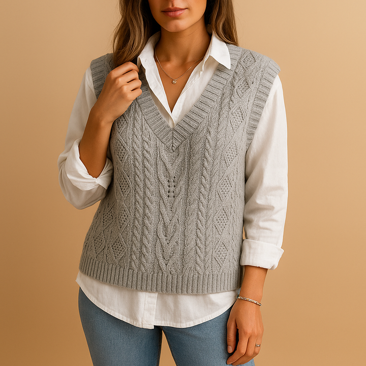 Ärmellose, kabelgestrickte V-Ausschnitt-Weste für Damen | Marit