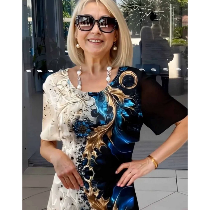 Ladies Sommer Floral Print Rundhalsausschnitt A-Linie Kurzärmeliges Kleid