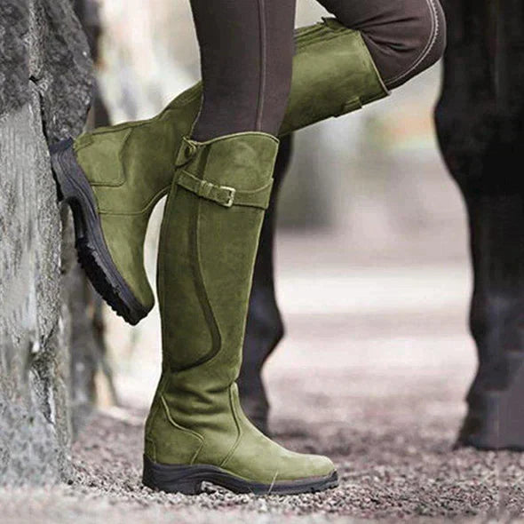 Damen-Kniehohe Stiefel – Schnallenriemen und robuste Sohle